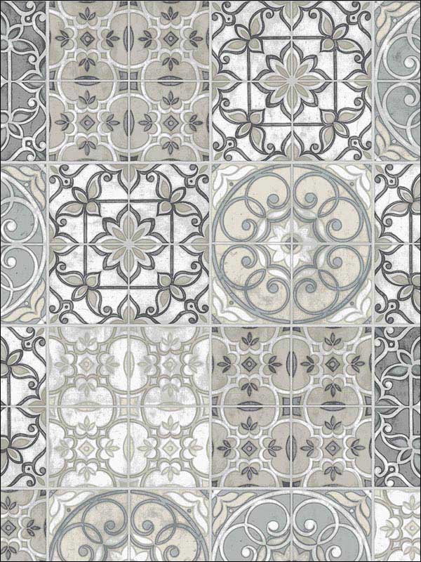 Portugese Tiles fabric in grey black beige color - pattern number KE29951 - by Patton Norwall in the Creative Kitchens collection
