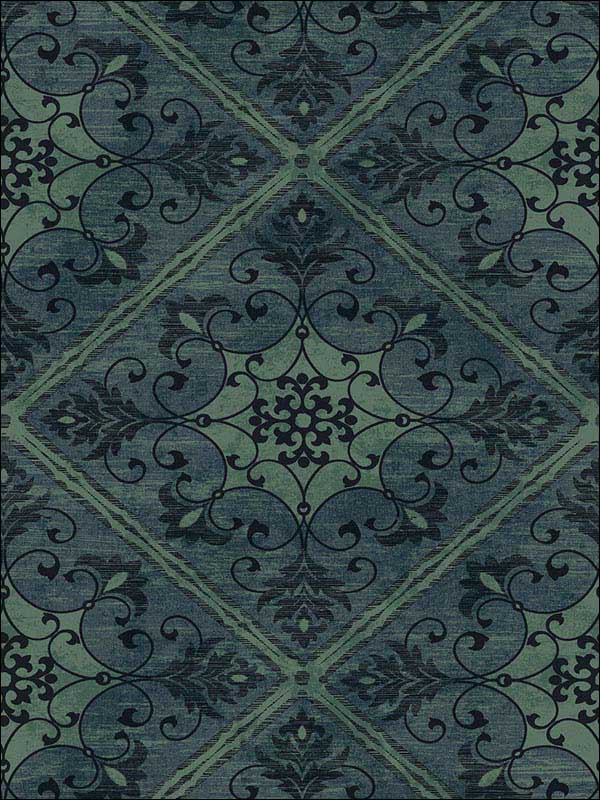 Leaf Scroll wallpaper in blue green black raised ink color - pattern number 1730004 - by Seabrook in the Mercury by Etten Gallerie collection