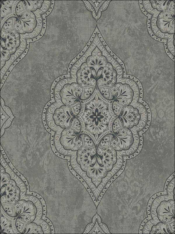 Medallion fabric in gray black metallic silver raised ink color - pattern number 1730200 - by Seabrook in the Mercury by Etten Gallerie collection