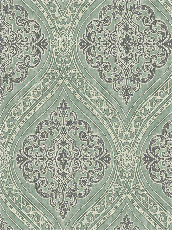 Damask fabric in green off white metallic silver raised ink color - pattern number 1731304 - by Seabrook in the Mercury by Etten Gallerie collection