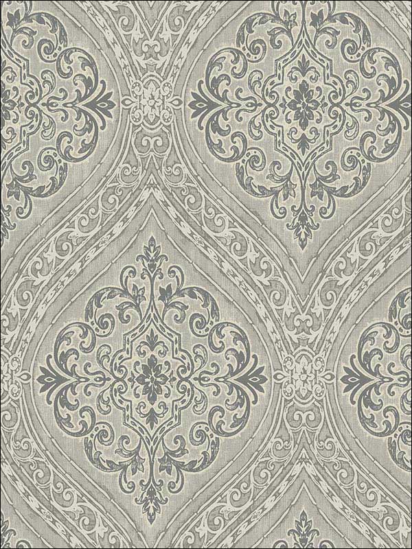 Damask fabric in gray off white metallic silver raised ink color - pattern number 1731308 - by Seabrook in the Mercury by Etten Gallerie collection