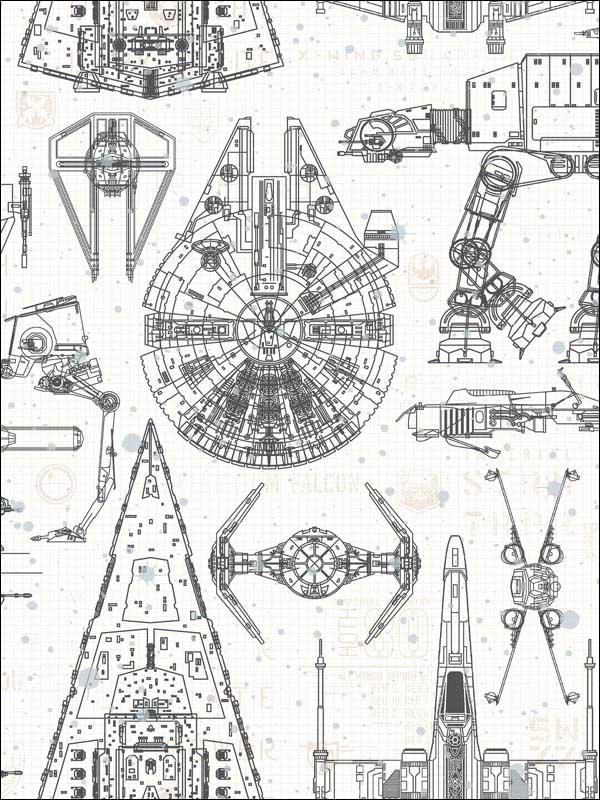 Star Wars Blueprint Peel and Stick fabric in black and white color - pattern number RMK11036WP - by York in the Peel and Stick Wallpaper by York collection