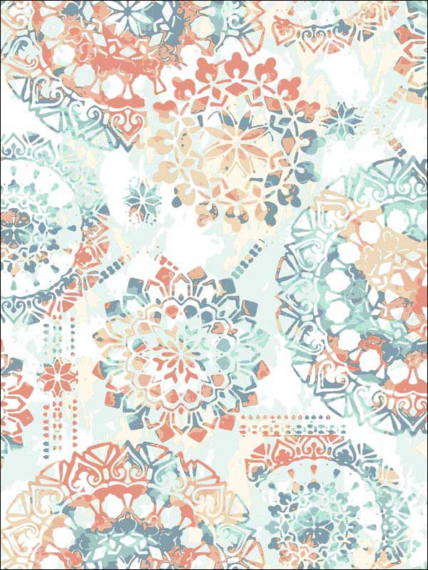 Bohemian Peel and Stick fabric in orange blue color - pattern number RMK9126WP - by York in the Peel and Stick Wallpaper by York collection