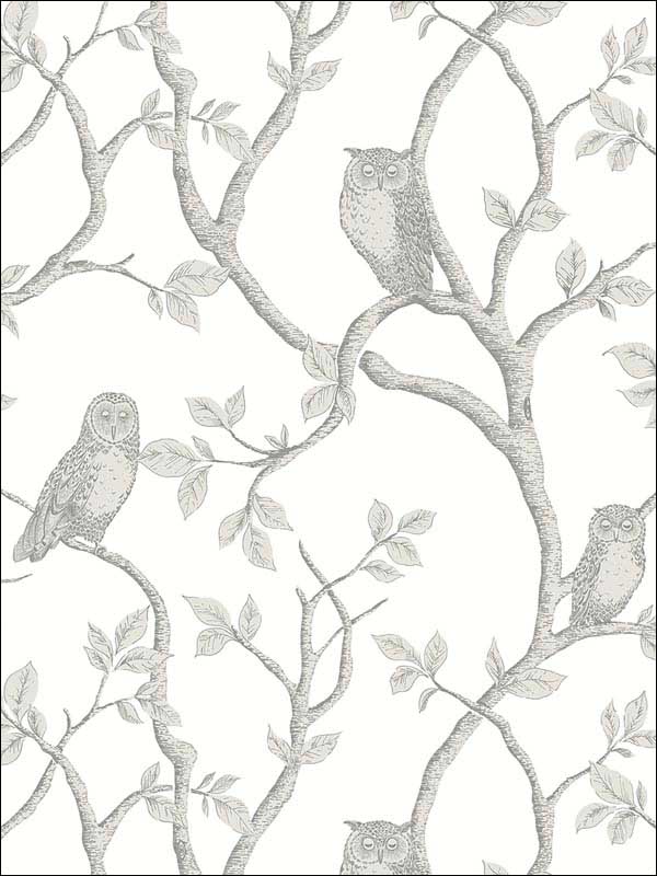 Enchanted Forest Owl and Tree fabric in grey color - pattern number FD23289 - by Brewster in the Brewster Essentials collection