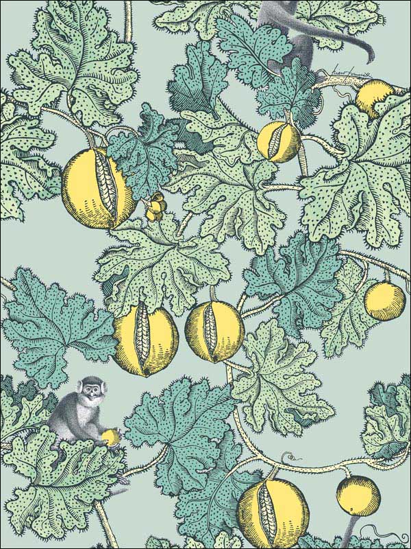 Frutto Proibito fabric in seafoam and lemon color - pattern number 114/1002.CS.0 - by Cole and Son in the Fornasetti III collection
