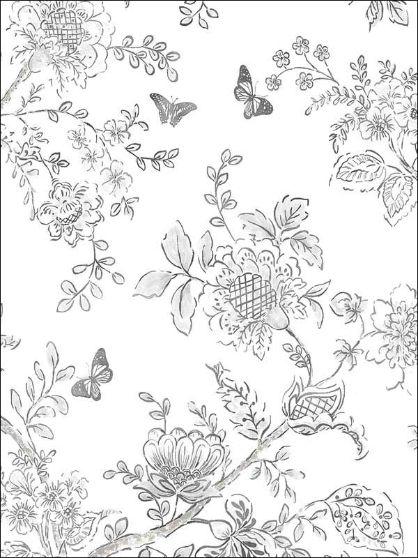 Butterfly Toile wallpaper in grey black white charcoal color - pattern number FH37540 - by Patton Norwall in the Farmhouse Living collection