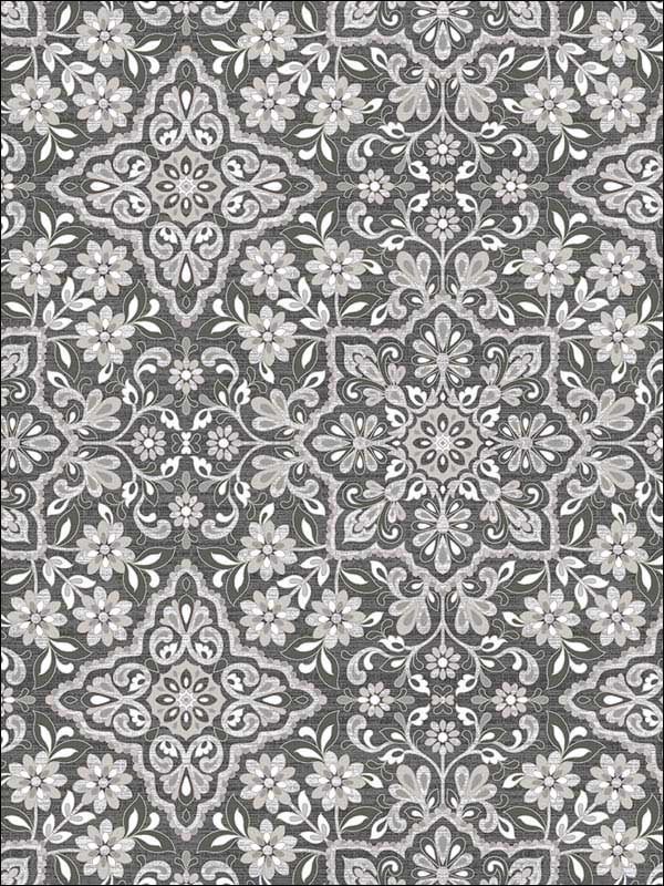 Floral Tile fabric in black grey metallic silver coal color - pattern number FH37543 - by Patton Norwall in the Farmhouse Living collection