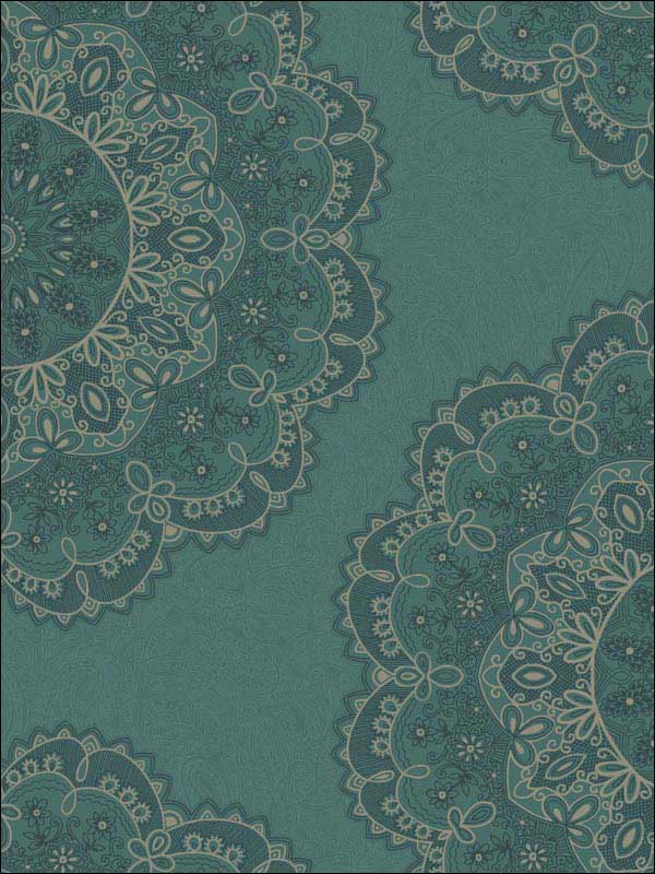 Lace Medallion fabric in sea green beige and ebony color - pattern number 2010904 - by Seabrook in the Aura by Etten Gallerie collection