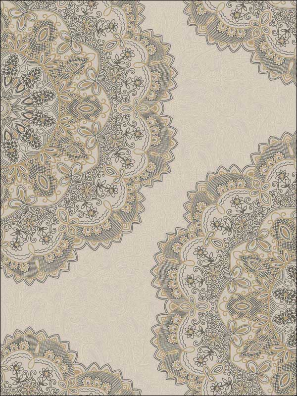 Lace Medallion fabric in gold and charcoal color - pattern number 2010906 - by Seabrook in the Aura by Etten Gallerie collection