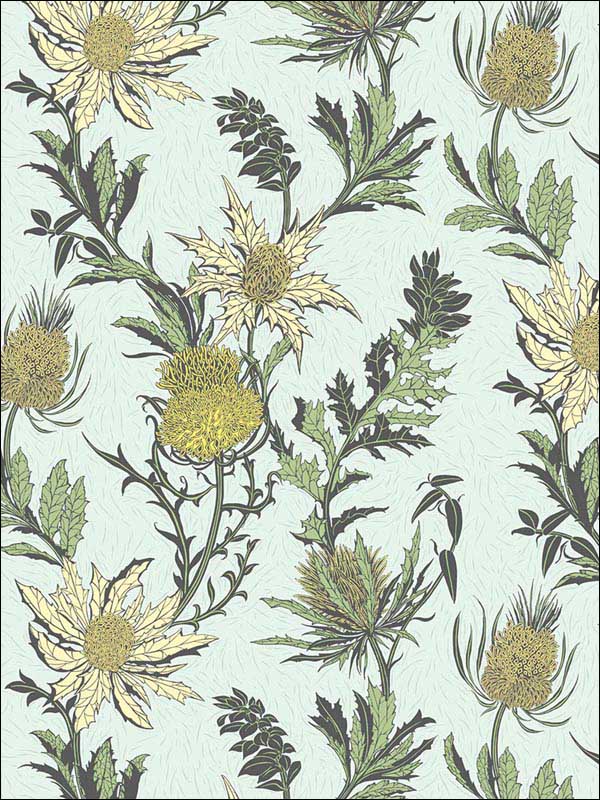 Thistle fabric in lemon olive duck egg color - pattern number 115/14042.CS.0 - by Cole and Son in the Botanical Botanica collection