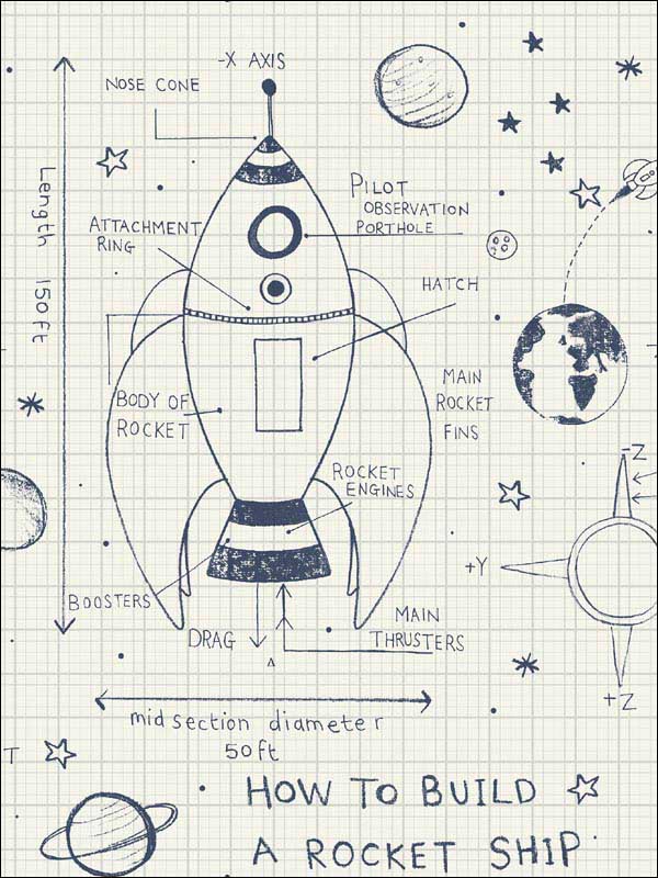 Rocket Ship fabric in white and midnight blue color - pattern number DA60700 - by Seabrook in the Day Dreamers collection