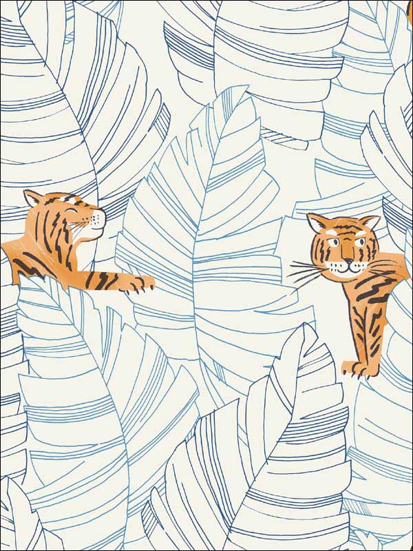 Hiding Tigers fabric in sky blue and orange color - pattern number DA61202 - by Seabrook in the Day Dreamers collection