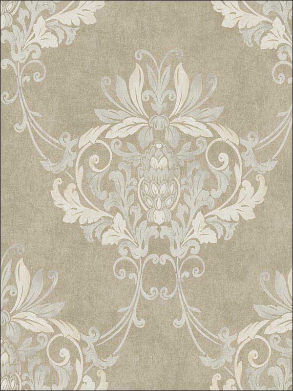 Faux Antique Damask fabric in beige white grey color - pattern number RM30007 - by Casa Mia in the Zinc by Casa Mia collection