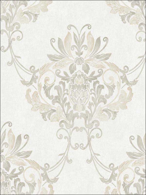 Faux Antique Damask fabric in white grey cream color - pattern number RM30008 - by Casa Mia in the Zinc by Casa Mia collection