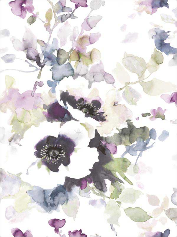 Garden Anemone Peel and Stick fabric in lilac and green color - pattern number PSW1082RL - by York in the York Premium Peel and Stick Watercolors Wallpaper collection