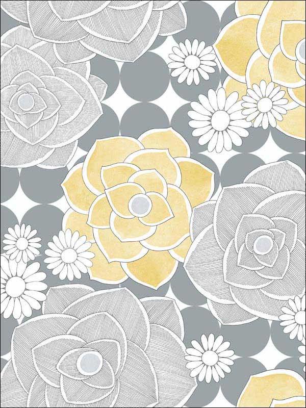 Retro Floral Peel and Stick wallpaper in yellow and gray color - pattern number NW35203 - by NextWall in the Peel and Stick Wallpaper by Nextwall collection