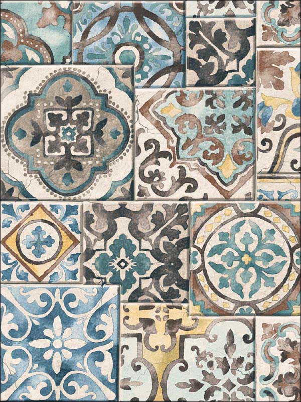 Marrakesh Global Tiles fabric in blue color - pattern number 2904-22315 - by Brewster in the Fresh Start Kitchen and Bath collection