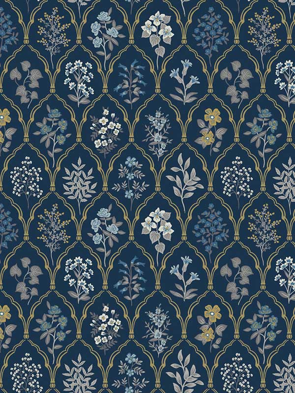 Hawthorne wallpaper in navy and gold color - pattern number RI5131 - by Rifle Paper Co in the Rifle Paper Co collection