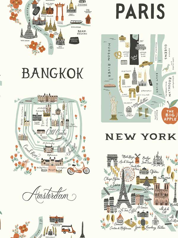 City Maps wallpaper in mint metallic color - pattern number RI5160 - by Rifle Paper Co in the Rifle Paper Co collection