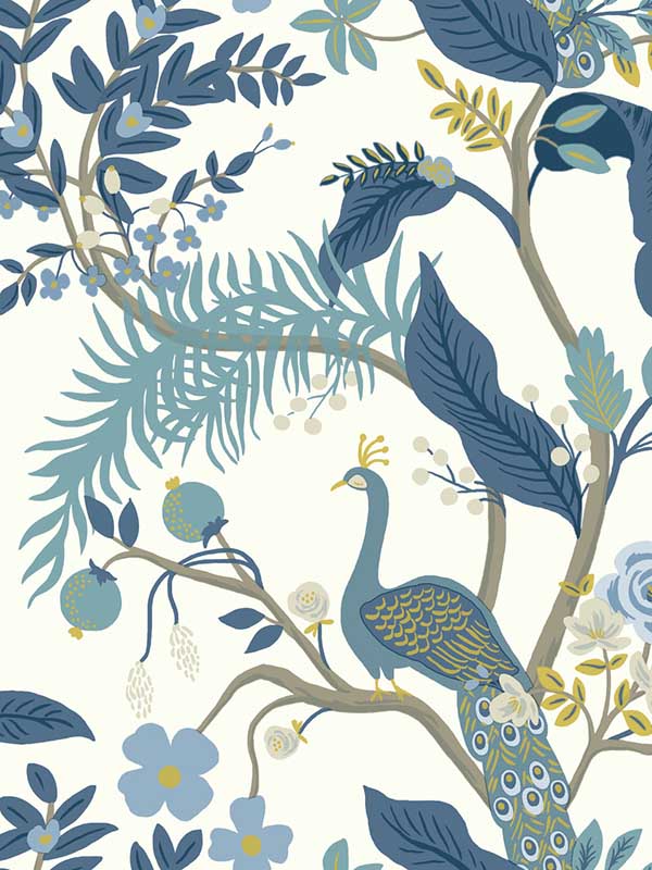 Peacock fabric in blue and white color - pattern number RI5173 - by Rifle Paper Co in the Rifle Paper Co collection