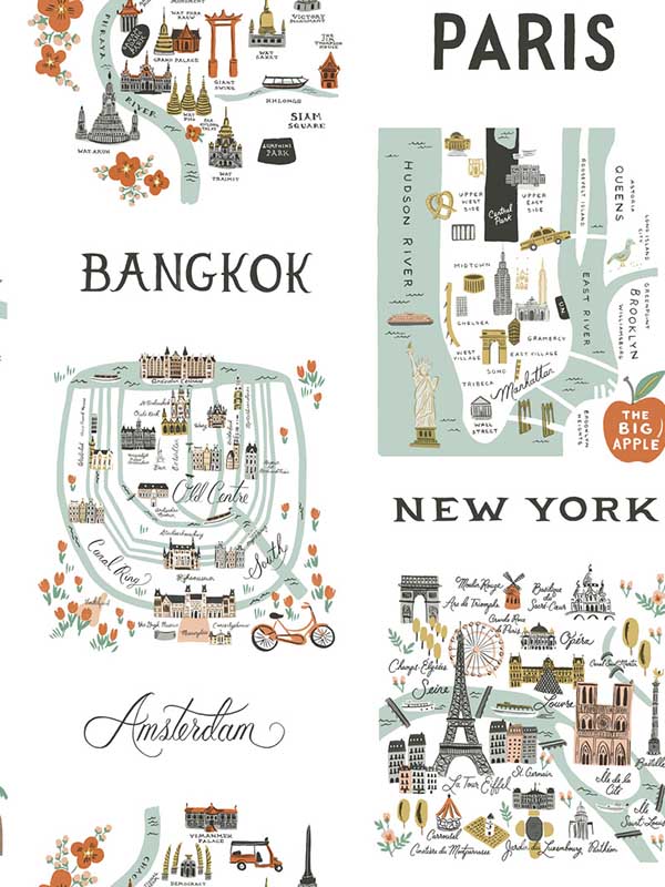 City Maps Peel and Stick fabric in mint color - pattern number PSW1195RL - by Rifle Paper Co in the Rifle Paper Co Peel and Stick Wallpaper collection