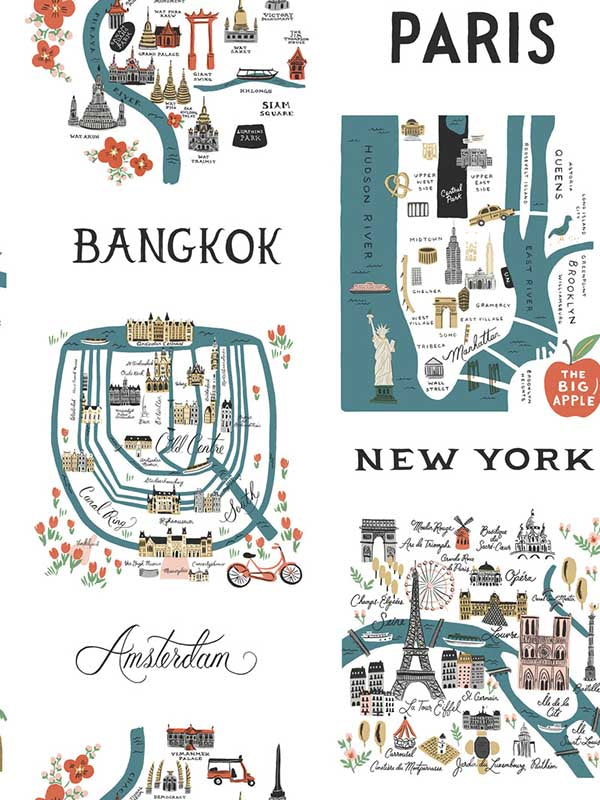 City Maps Peel and Stick fabric in blue and red color - pattern number PSW1196RL - by Rifle Paper Co in the Rifle Paper Co Peel and Stick Wallpaper collection