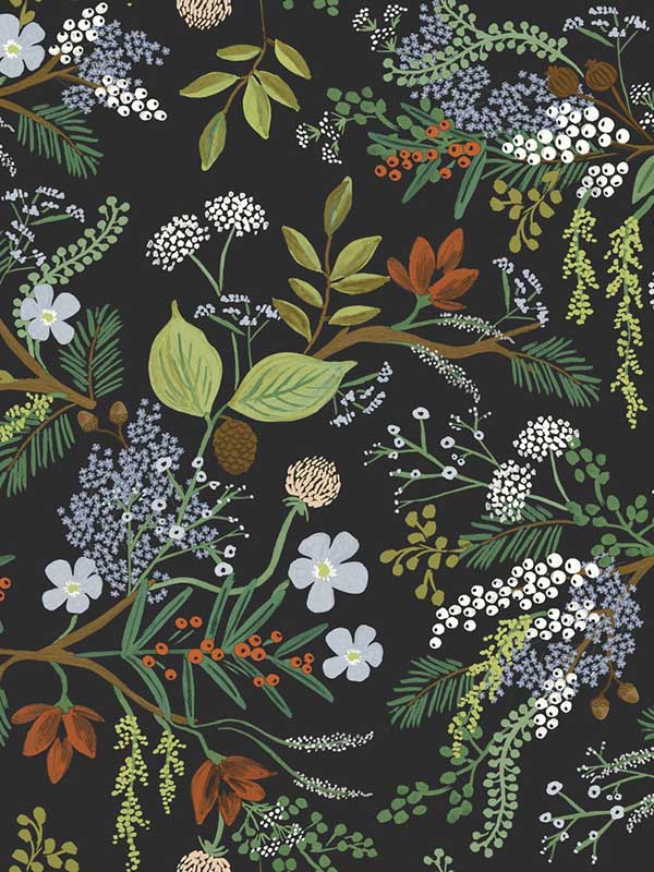 Juniper Forest Peel and Stick fabric in black color - pattern number PSW1198RL - by Rifle Paper Co in the Rifle Paper Co Peel and Stick Wallpaper collection