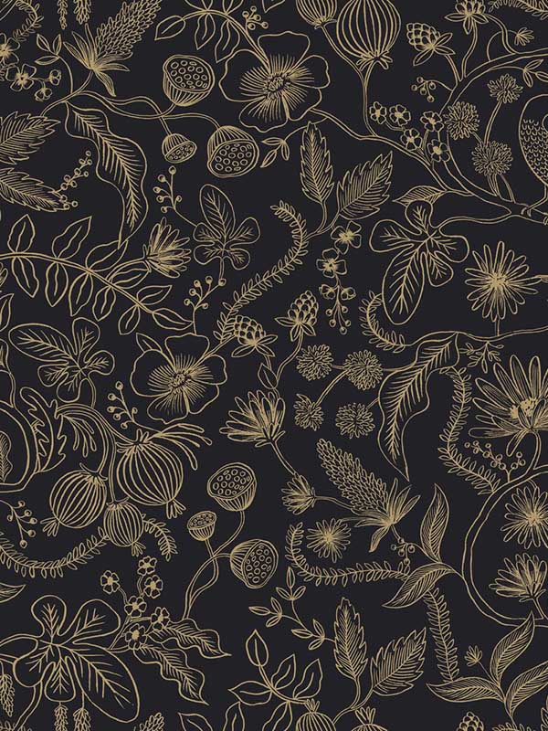 Aviary Peel and Stick fabric in black and gold color - pattern number PSW1310RL - by Rifle Paper Co in the Rifle Paper Co Peel and Stick Wallpaper collection