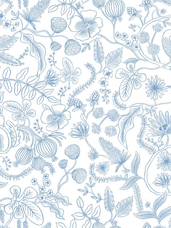 Aviary Peel and Stick fabric in blue and cream color - pattern number PSW1311RL - by Rifle Paper Co in the Rifle Paper Co Peel and Stick Wallpaper collection