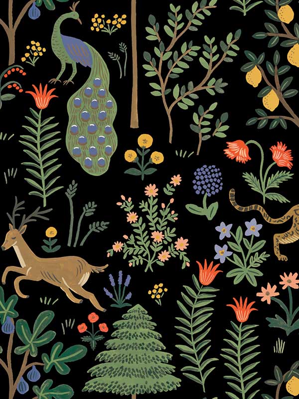 Menagerie Peel and Stick fabric in black color - pattern number PSW1321RL - by Rifle Paper Co in the Rifle Paper Co Peel and Stick Wallpaper collection