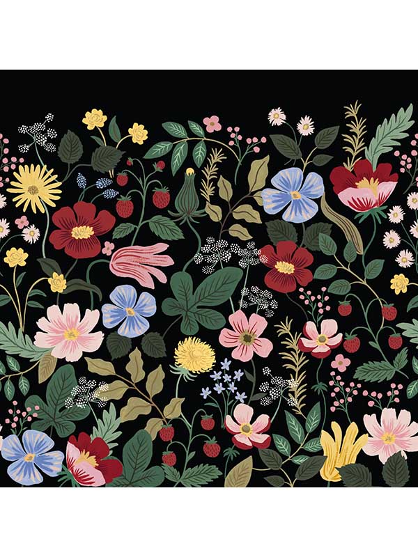 Strawberry Fields Peel and Stick 4 Panel fabric in black color - pattern number PSW1333M - by Rifle Paper Co in the Rifle Paper Co Peel and Stick Wallpaper collection