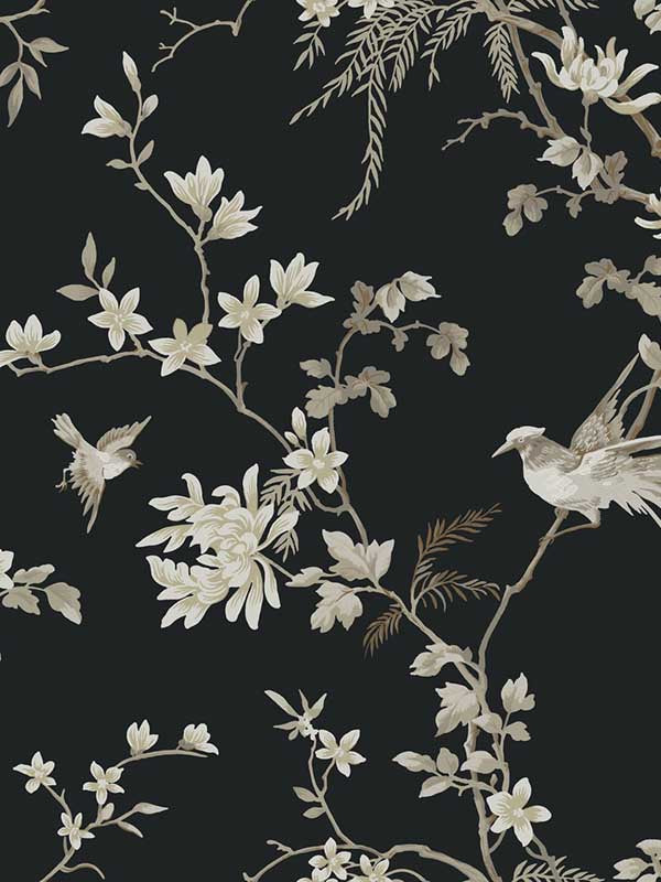 Bird and Blossom Chinoserie fabric in black color - pattern number KT2173 - by Ronald Redding in the 24 Karat collection