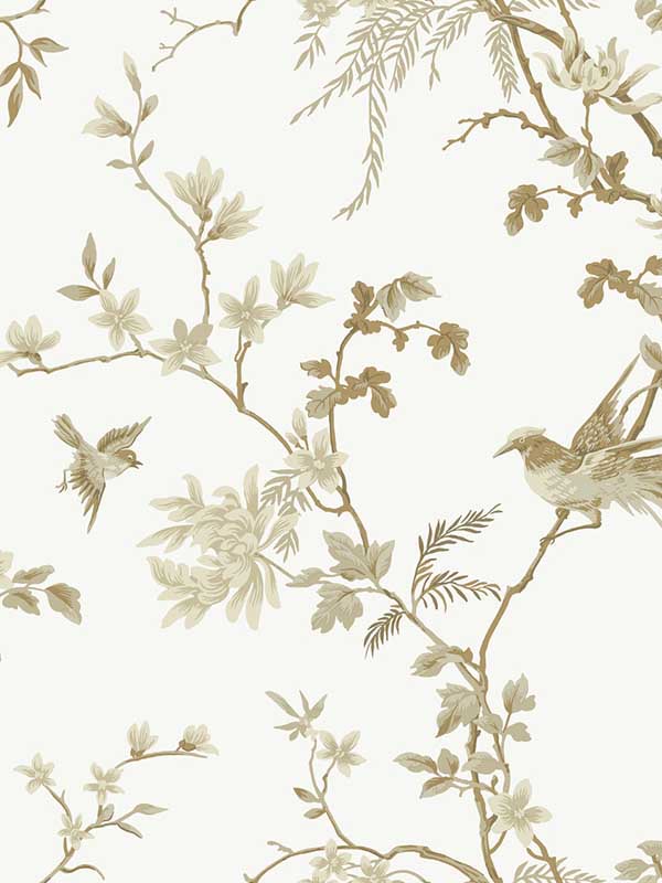 Bird and Blossom Chinoserie fabric in white and gold color - pattern number KT2174 - by Ronald Redding in the 24 Karat collection