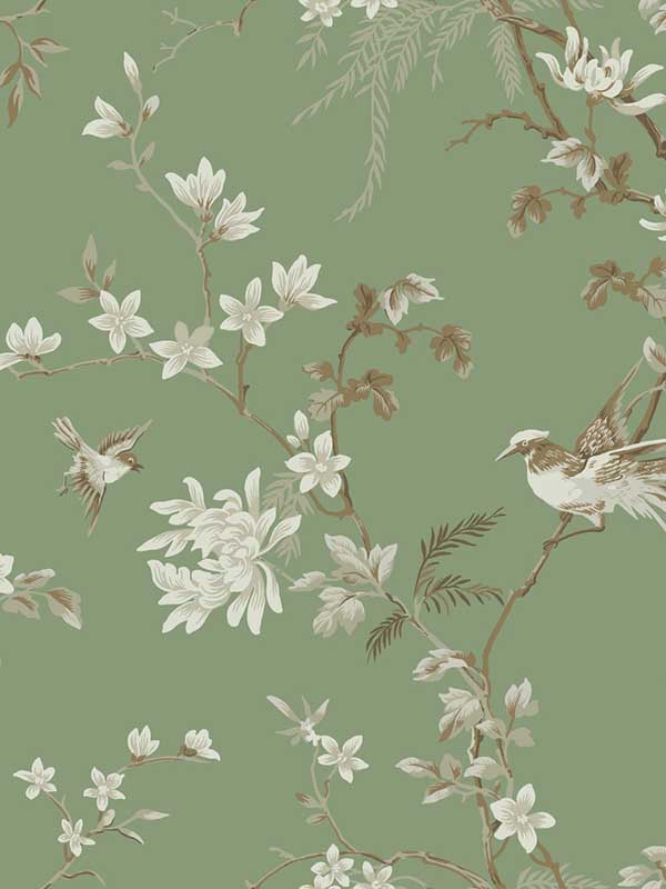 Bird and Blossom Chinoserie fabric in green color - pattern number KT2175 - by Ronald Redding in the 24 Karat collection