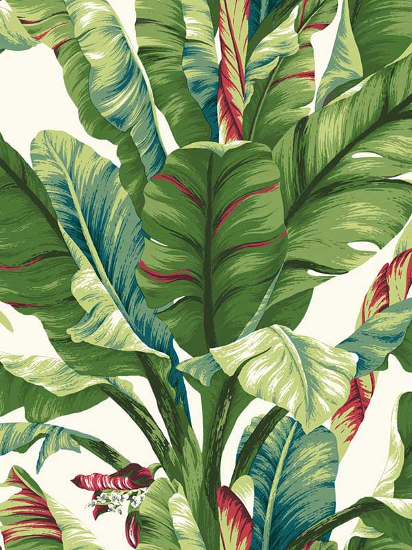 Banana Leaf fabric in aqua and red color - pattern number AT7068 - by York in the Tropics Resource Library collection