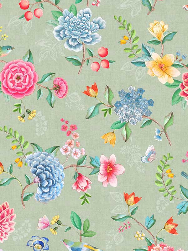 Good Evening Floral Garden fabric in moss color - pattern number 300103 - by Eijffinger in the Pip Studio Amsterdam 5 collection