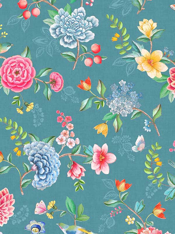 Good Evening Floral Garden fabric in teal color - pattern number 300105 - by Eijffinger in the Pip Studio Amsterdam 5 collection