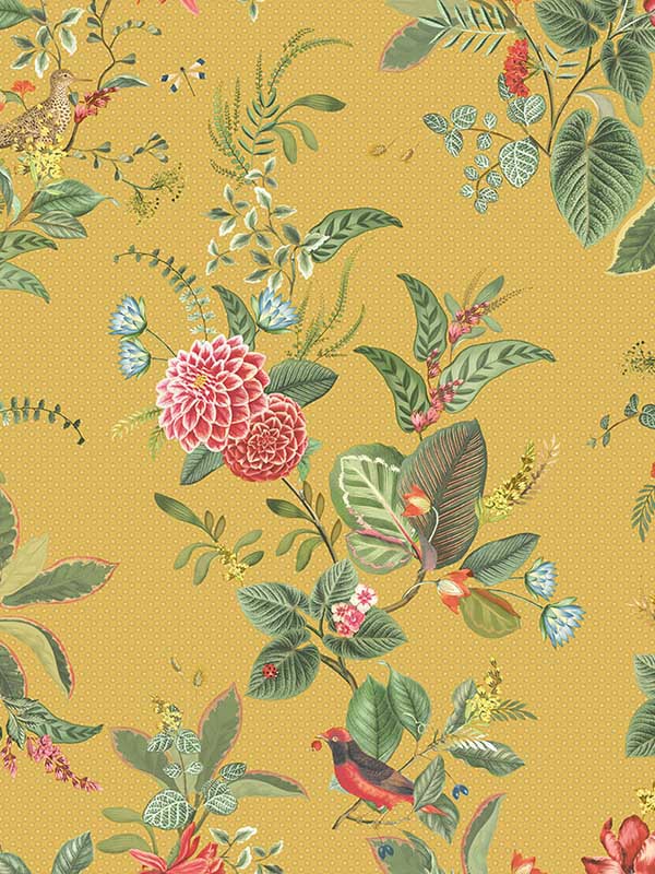 Floris Woodland Floral fabric in mustard color - pattern number 300112 - by Eijffinger in the Pip Studio Amsterdam 5 collection