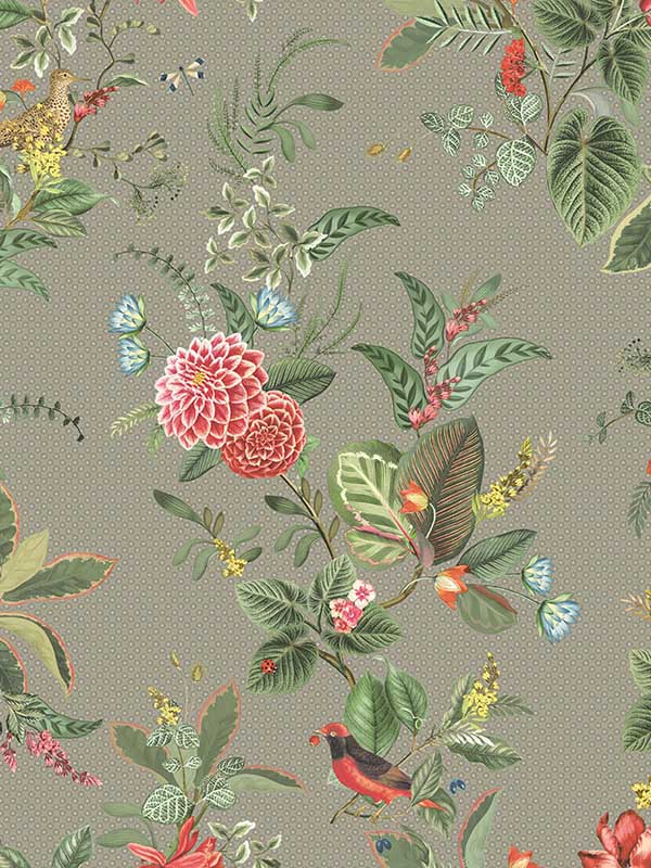 Floris Woodland Floral fabric in khaki color - pattern number 300113 - by Eijffinger in the Pip Studio Amsterdam 5 collection