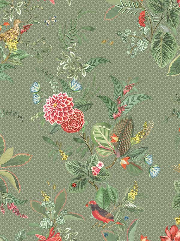 Floris Woodland Floral fabric in olive color - pattern number 300114 - by Eijffinger in the Pip Studio Amsterdam 5 collection