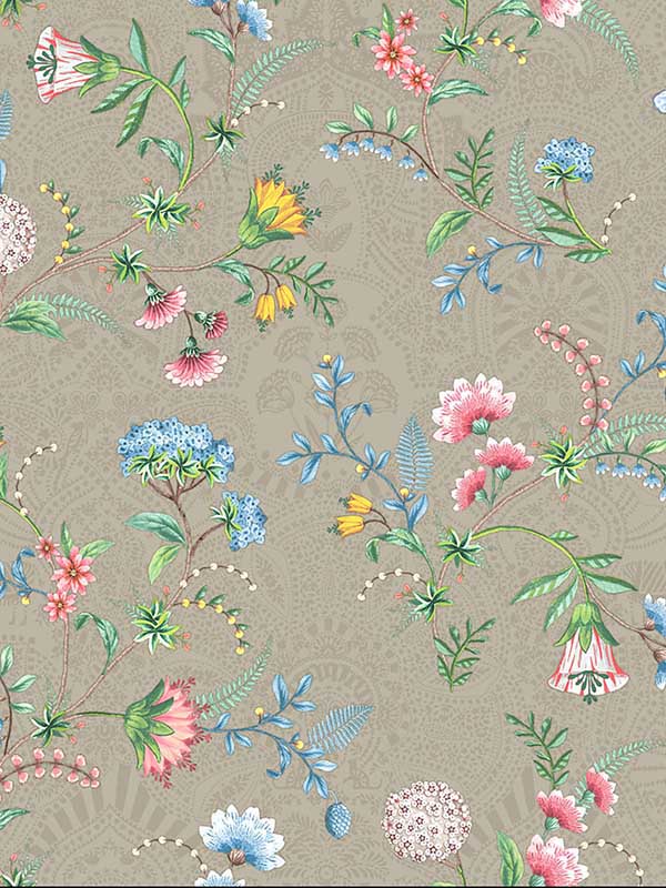 La Majorelle Ornate Floral fabric in khaki color - pattern number 300121 - by Eijffinger in the Pip Studio Amsterdam 5 collection
