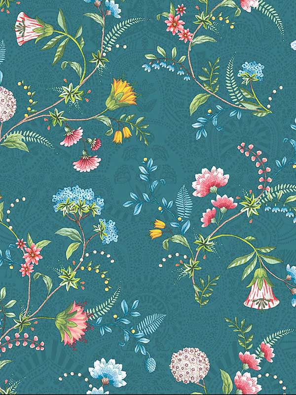 La Majorelle Ornate Floral fabric in teal color - pattern number 300125 - by Eijffinger in the Pip Studio Amsterdam 5 collection
