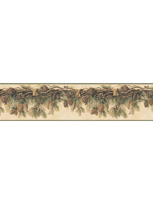Coulter Pinecone Forest Border fabric in olive color - pattern number 3123-01391 - by Chesapeake in the Homestead collection