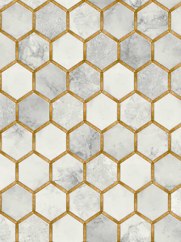 Inlay Hexagon Peel and Stick wallpaper in alaska grey and metallic gold color - pattern number NW38605 - by NextWall in the Peel and Stick Wallpaper by Nextwall collection