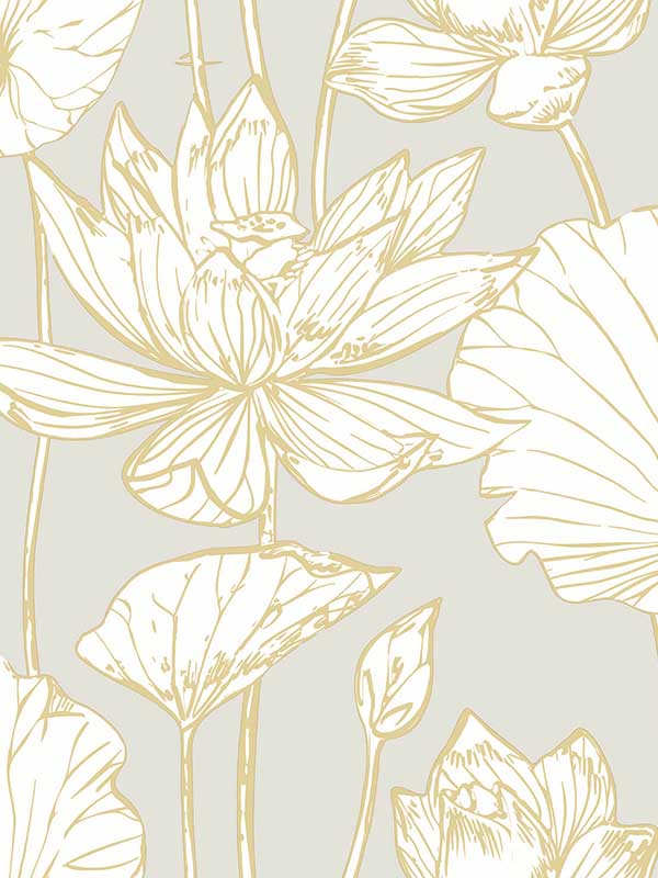 Lotus Floral Peel and Stick wallpaper in metallic gold and gray color - pattern number NW33118 - by NextWall in the Peel and Stick Wallpaper by Nextwall collection