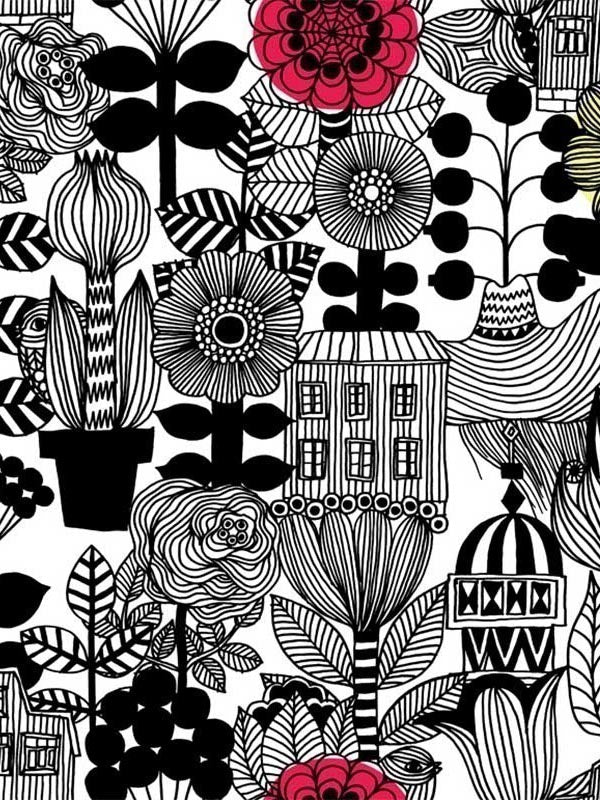Lintukoto fabric in ebony and off white color - pattern number 23306X - by Wallquest in the Marimekko Wallcoverings Vol 5 collection