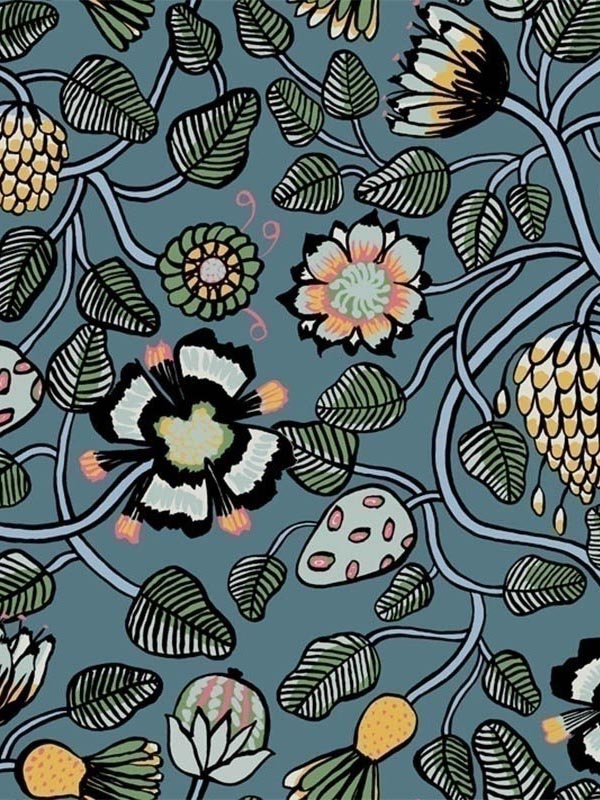 Pieni Tiara fabric in sea green and dandelion color - pattern number 23330X - by Wallquest in the Marimekko Wallcoverings Vol 5 collection