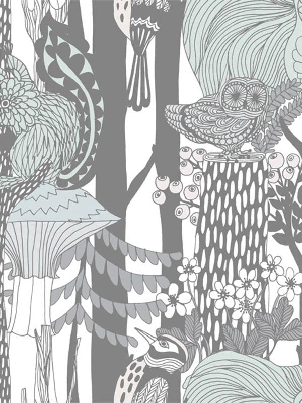 Pikkuveljekset fabric in mint and charcoal color - pattern number 23342X - by Wallquest in the Marimekko Wallcoverings Vol 5 collection