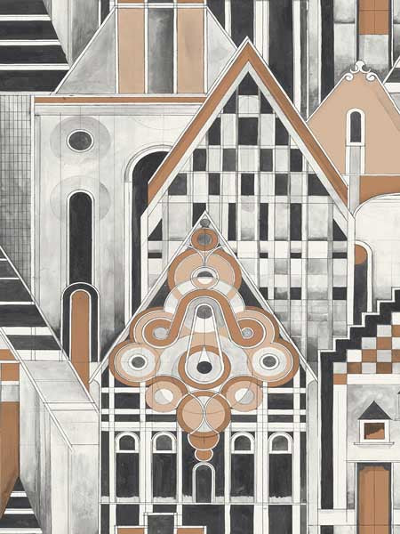 Art Deco Village fabric in red color - pattern number SK90101 - by Pelican Prints in the Skyline collection