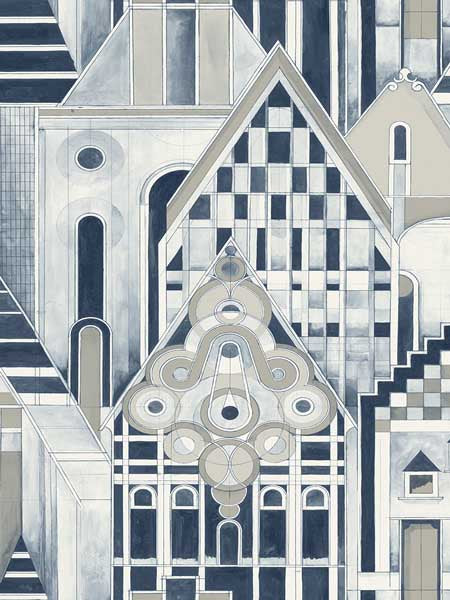 Art Deco Village fabric in blue color - pattern number SK90102 - by Pelican Prints in the Skyline collection